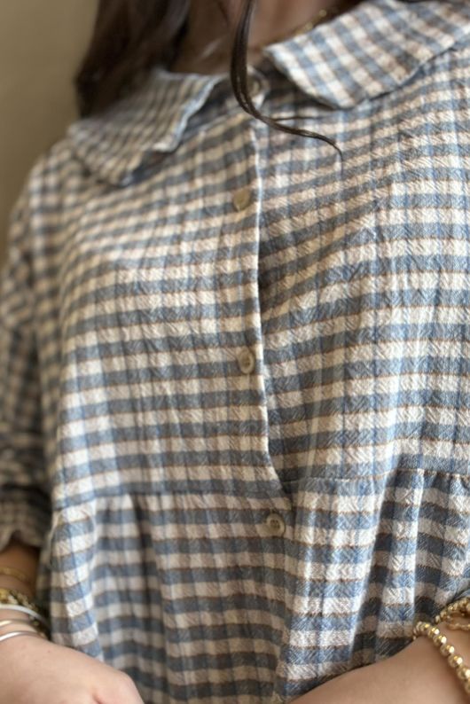 Annie Gingham Peter Pan Smock Blouse Denim